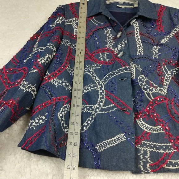 Vintage Anage Womens Suit Jacket Beaded Embroidered Sequins Red White Blue L - Picture 5 of 15